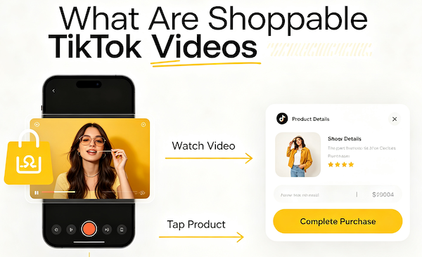 Shoppable TikTok video flow: watch video, tap product, complete purchase